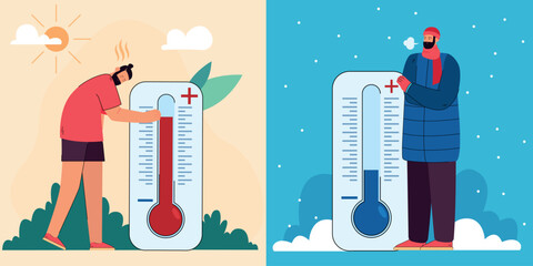 Sweaty man and person in warm outdoor clothes with thermometers. Extreme heat and freeze, high and low temperature, hot and cold weather flat vector illustration. Meteorology, summer, winter concept