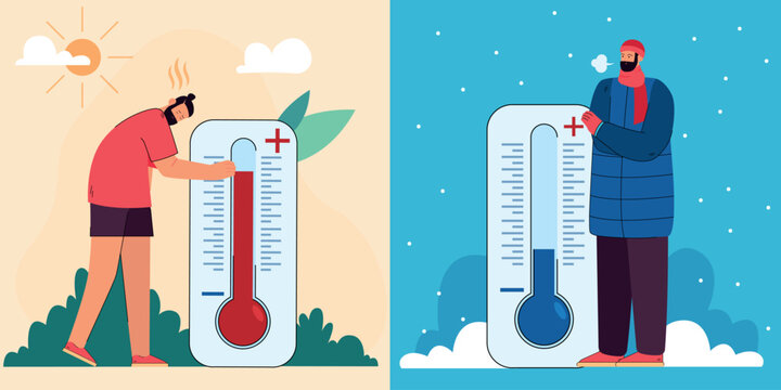 Sweaty man and person in warm outdoor clothes with thermometers. Extreme heat and freeze, high and low temperature, hot and cold weather flat vector illustration. Meteorology, summer, winter concept