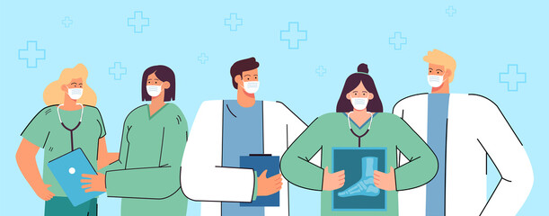 Group of cartoon doctors in masks. Team of professional physicians, men and women in uniform, hospital or clinic staff flat vector illustration. Medicine, profession, healthcare, illness concept