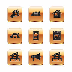 Set Realtor, Hanging sign with Sale, Megaphone, Online real estate house, Warehouse, Search, text Sold and icon. Vector