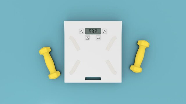 Weighing scale with two yellow fitness dumbbells on the cyan blue flat layer background. Weight loss on the screen, healthy active lifestyle shows the result. Mass measure on scales, 3d rendering.