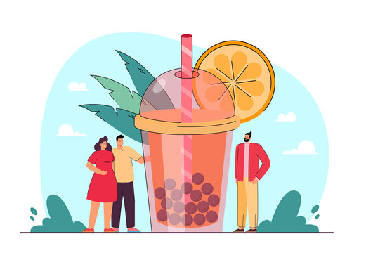 Tiny people standing next to huge glass of bubble tea. Orange boba milk tea in takeaway plastic cup with straw flat vector illustration. Summer drink, fruits concept