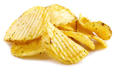 Riffled potato chips are isolated on a white background.
