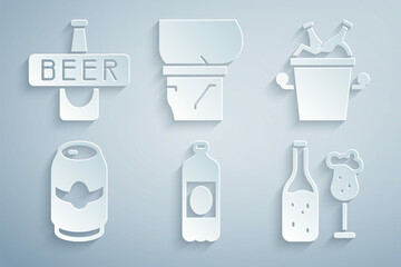 Set Plastic beer bottle, Beer bottles in ice bucket, can, and glass, belly and icon. Vector