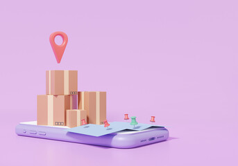 Online delivery parcels box concept. smartphone pin pointer mark location and office shipping. maps service express trunking on purple pastel background. 3D rendering