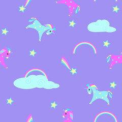 Seamless vector pattern with uniforms, rainbows, comets and stars on a purple background for children's textile products, for wallpaper and packaging