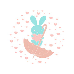 Cute bunny with a heart and an umbrella. A print for childrens clothing or a postcard design.