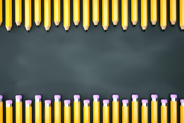 Row of pencils on green blackboard. 3d render. copy space