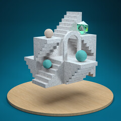 Abstract floating architectural structure with steps and marble staircase. spheres and a hexagon. Render 3d