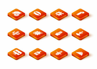 Set Hola, Tequila bottle, Cactus, Hot chili pepper pod, Mexican man sombrero, or succulent in pot, Volcano eruption with lava and icon. Vector © vector_v