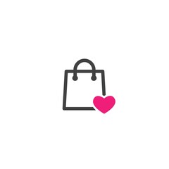 black outline silhouette of shopping paper bag with heart. flat icon isolated on white. vector illustration.
