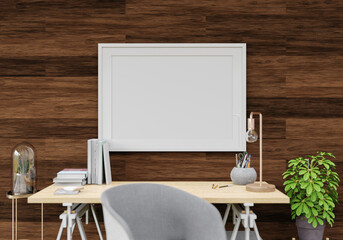 3D interior design minimal workspace with mockup photo frame