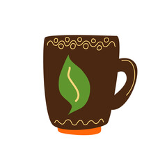Brown cup with a pattern and a leaf.