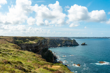 Coast next to the Fort des Capucins a rocky, clifftop islet in the town of Roscanvel on the Crozon peninsula in France.