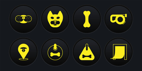 Set Cat nose, Retractable cord leash, Dog collar, bone, Door for pet and icon. Vector