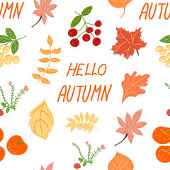 Obraz premium Seamless pattern with the inscription hello autumn and leaves.