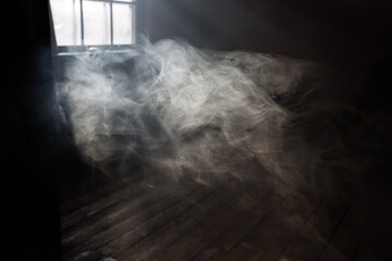 Sunshine window reflection on the wooden floor. Heavy smoke in loft design studio. Cinematic photo.