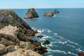 The beautiful Pen Hir Point on the Crozon Peninsula in French Brittany, the famous three islets, France
