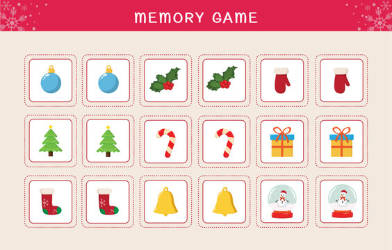 Memory game for preschool age with christmas elements. Kids activity page - remember and find correct card.