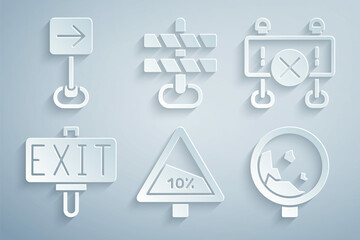 Set Steep ascent and descent road, Road barrier, Fire exit, warning rockfall, and Traffic sign turn right icon. Vector