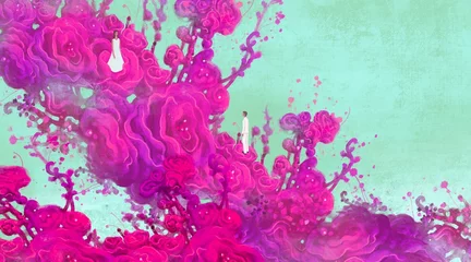 Keuken spatwand met foto Houd van conceptkunst, een man en een vrouw met een samenvatting van roze bloemen, surrealistisch schilderij, fantasieillustratie © Jorm Sangsorn