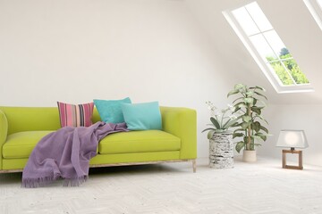 Stylish room in white color with sofa. Scandinavian interior design. 3D illustration