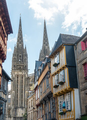 Historic center in the medieval town of Quimper and the Saint Corentin cathedral, Finisterre department. French Brittany, France