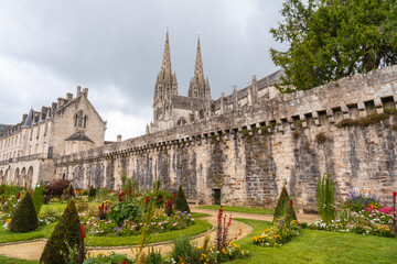 Walls of the medieval village of Quimper and the cathedral of Saint Corentin, department of Finisterre. French Brittany, France