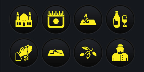 Set Hands in praying position, Wine bottle with glass, Muslim man prays, Date fruit, Ramadan calendar, and Mosque icon. Vector