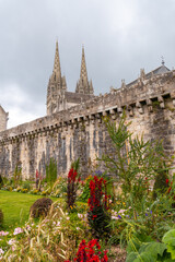 Walls of the medieval village of Quimper and the cathedral of Saint Corentin, department of...