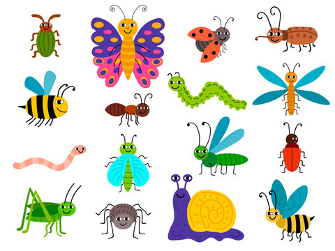 Cute different insects set in childlike flat style. Bugs, caterpillar, worm, snail, butterfly, bee, ant, ets. Summer animals collection isolated on white background.