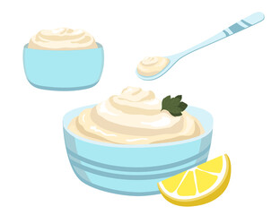 Blue Bowl of Mayonnaise , spoon with mayonnaise, lemon, parsley Isolated on White Background. vector flat