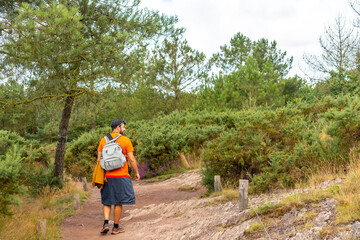 Obraz premium A young man on the footpath in the Broceliande forest, French mystical forest located in the Ille-et-Vilaine department, Brittany, near Rennes. France