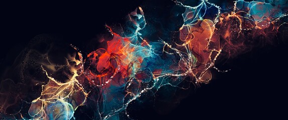 Abstract red and blue alcohol ink background with soft gold design elements, luxury liquid texture on the black backdrop, storm concept, natural fluid wallpaper for print