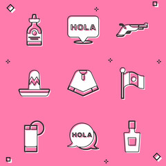 Set Tequila bottle, Hola, Vintage pistols, Mexican sombrero, Poncho, Mexico flag, glass with lemon and icon. Vector © vector_v
