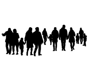 Big crowds people on street. Isolated silhouette on a white background