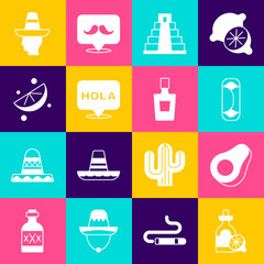 Set Tequila bottle with lemon, Avocado fruit, Burrito, Chichen Itza in Mayan, Hola, Sliced lime, Mexican man sombrero and icon. Vector © vector_v
