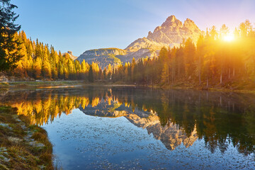 Morning view of Lago Antorno, Dolomites, Lake mountain landscape with Alps peak, Cortina d'Ampezzo,...