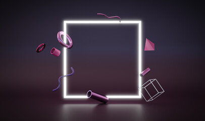 Neon frame with geometric shapes - purple and pink colors - abstract 3d rendered background