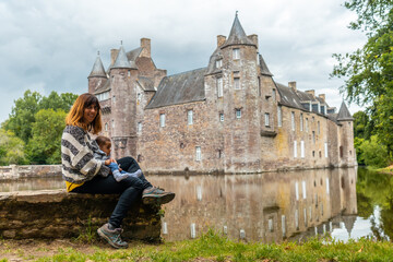 A breast in the lake of the Chateau Trecesson, medieval castle, commune of Campénéac in the Morbihan department, near the Broceliande forest.