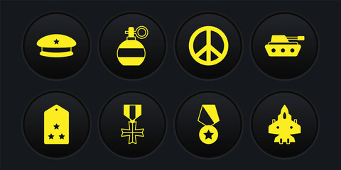 Set Military rank, tank, reward medal, Peace, Hand grenade, Jet fighter and beret icon. Vector