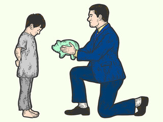 Charity. Businessman gives a piggy bank color, finances to a poor child.