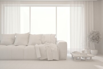Mock up of stylish room in white color with sofa. Scandinavian interior design. 3D illustration