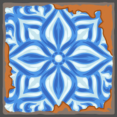 Portuguese azulejo vintage ceramic tile pattern. Old grunge background with chipped enamel tile. Italian pottery or spanish majolica.