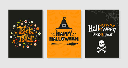 Set of Happy Halloween greeting cards. Party invitations. Vector collection of traditional symbols and handwritten lettering.