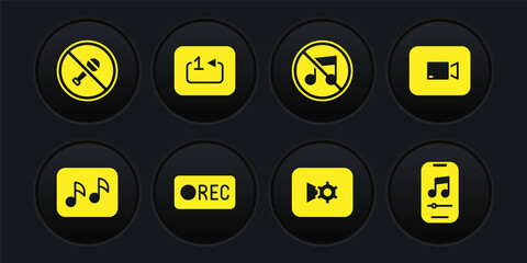 Set Music note, tone, Play video button, Record, settings, Speaker mute, Repeat track music player, and Mute microphone icon. Vector