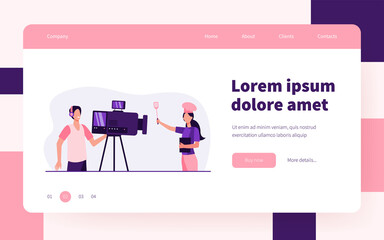 Cooking blogger taking video workshop. Chef, cameraman, camera, studio. Flat vector illustration. Cooking TV show, online training shooting concept for banner, website design or landing web page