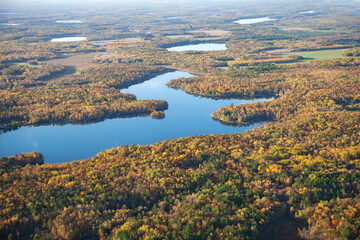 Aerial view of lakes and forest in autumn color near Brainerd, Minnesota