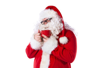 Funny Santa Claus is drinking hot coffee.