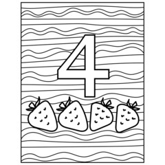 number four learning page coloring, fruit and volumetric figure with a striped background for kids activity